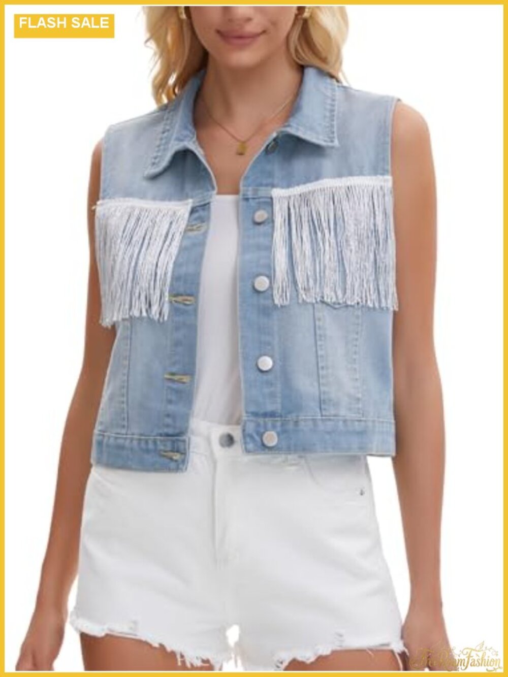 Women's Denim Vest Button Down Sleeveless Tassel Trim Fringe Western Outfits